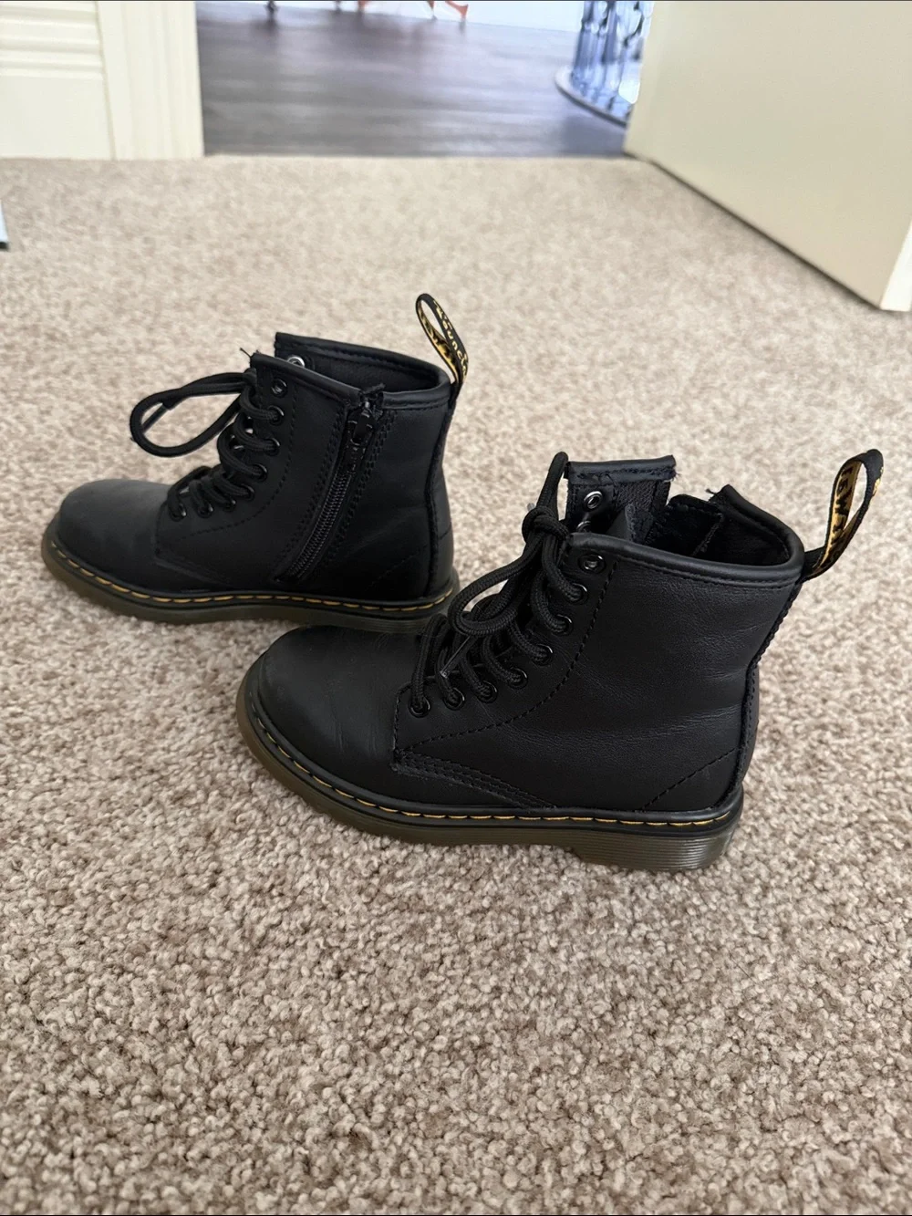 Dr. Martens Kids Black Lace-Up Ankle Boots with Yellow Stitching
